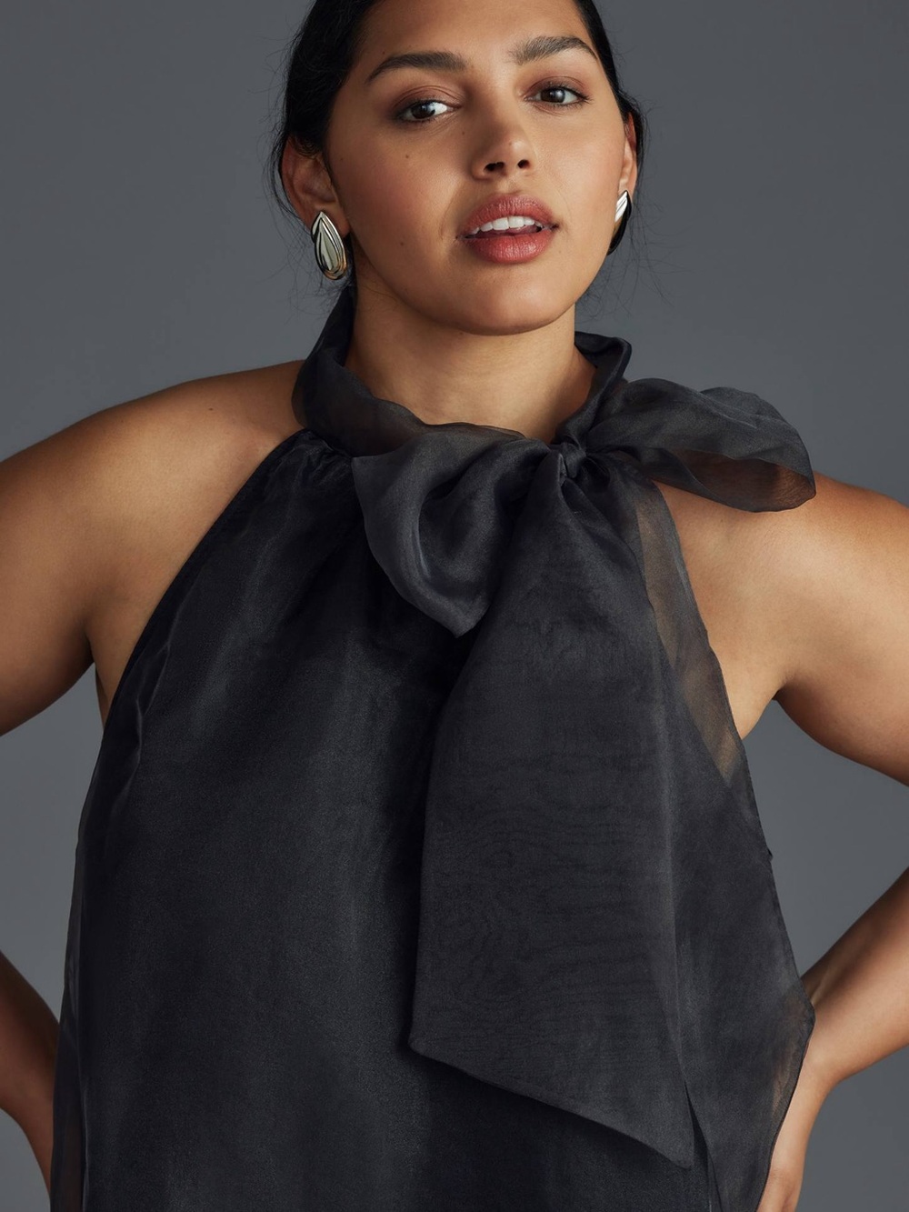 Maeve Organza Bow-Neck Mini Dress Sheer Black Halter Bow Neck